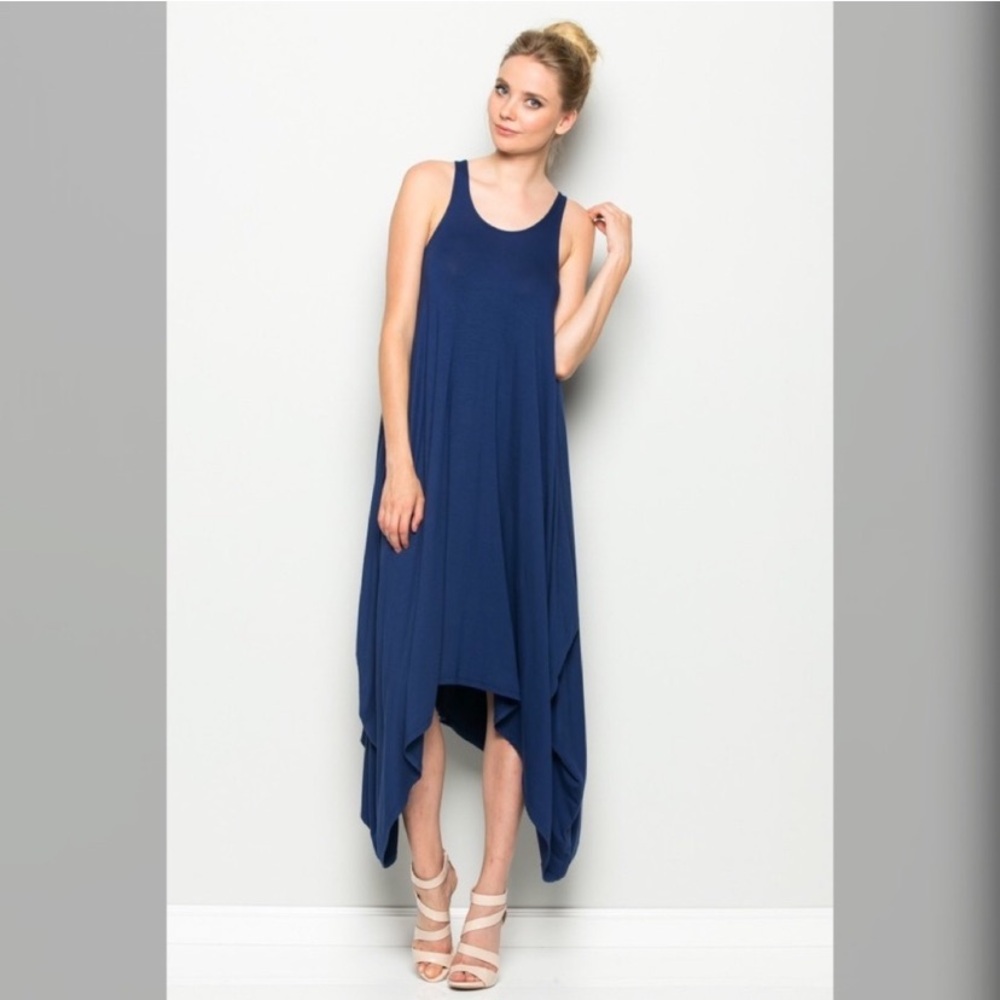 Super Soft Flowy Jersey Knit Blue Harem Style Maxi Dress